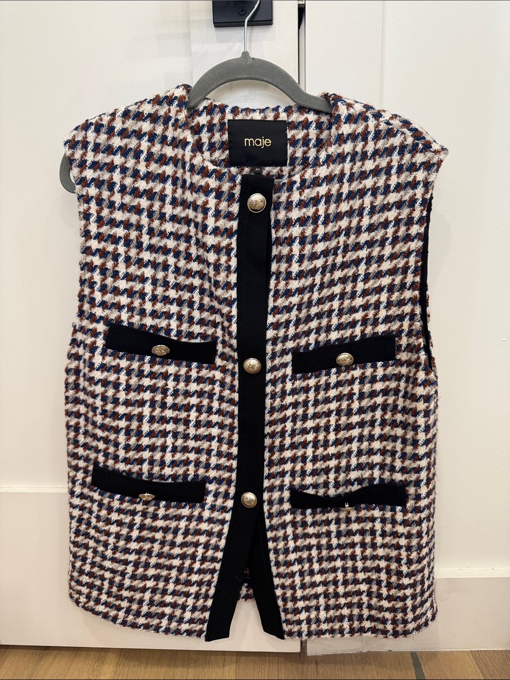 maje Navy, Cream & Brown Houndstooth Tweed Vest